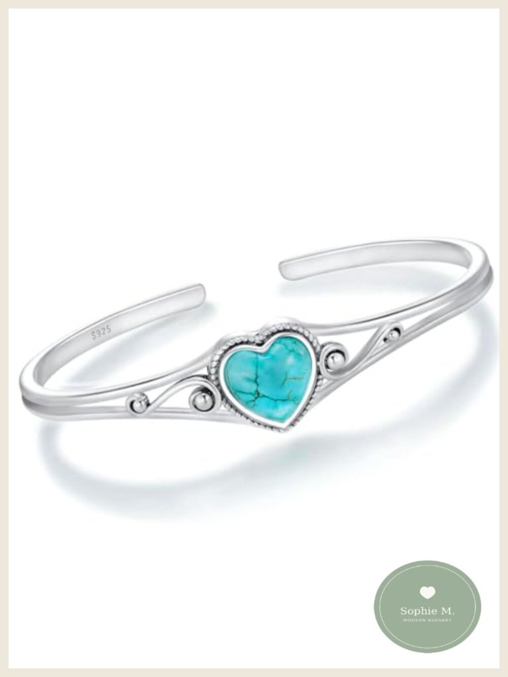 Sterling Silver Turquoise Heart Bangle Adjustable Cuff